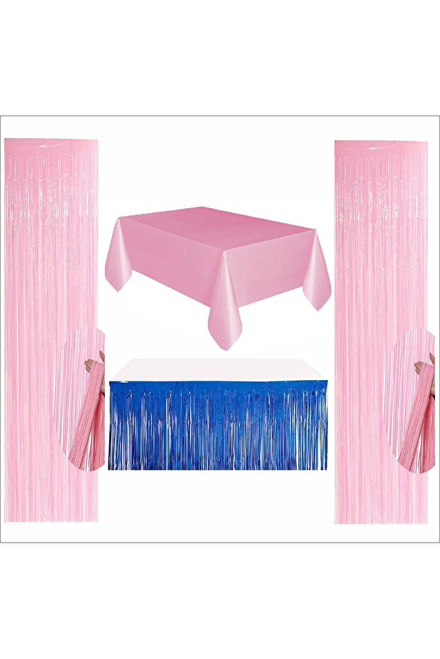 Pink Tablecloth, Navy Blue Table Skirt, 2 Pieces of Pink Backdrop