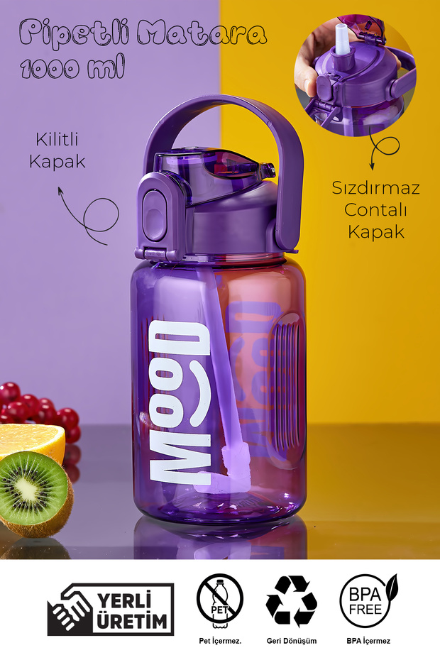 Sports Water Bottle - 1000 ml with Straw, Lockable Lid, Water Leakproof Design - Purple