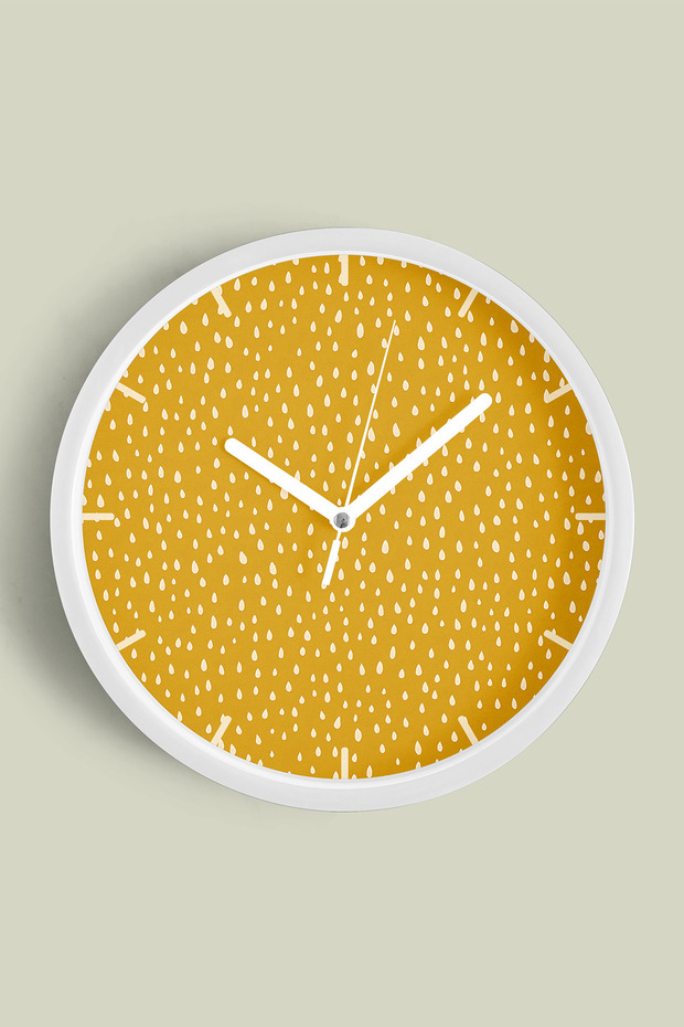 Mustard Paint Drops Modern Wall Clock - 42cm - White Case with Glass Front - Silent Mechanism