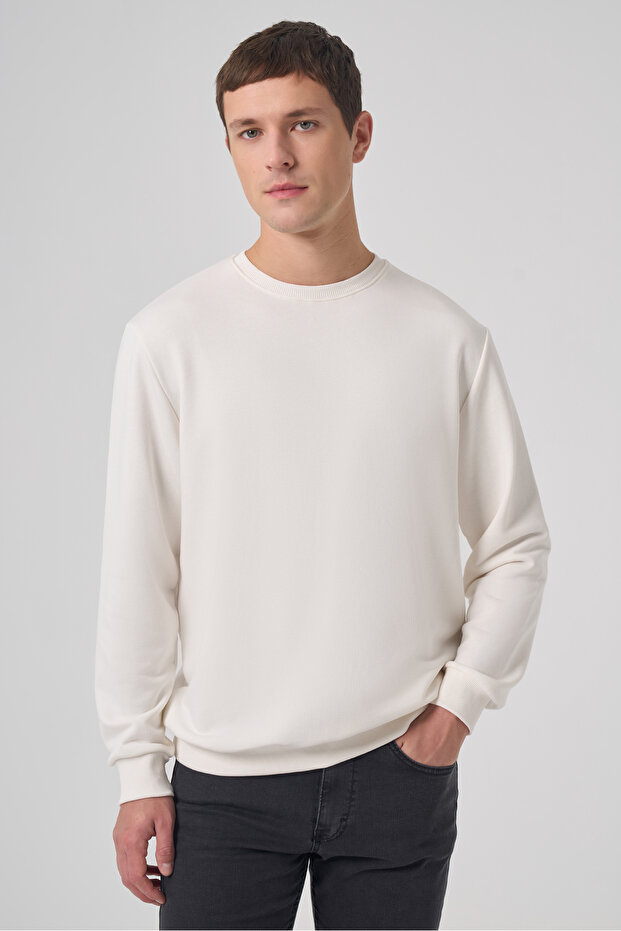 Erkek Ekru Basic Bisiklet Yaka Sweatshirt - 1