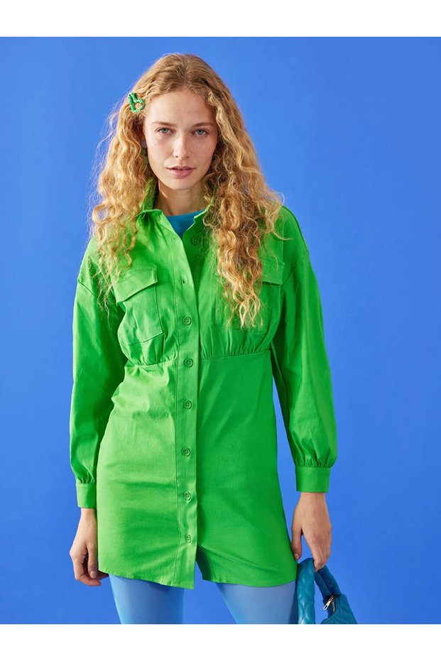 Lcw Vision Green Straight Long Sleeve Gabardine Women's Shirt Dress