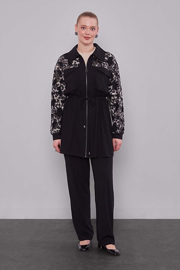 Black Leopard Sleeve Patterned Double Suit - 1