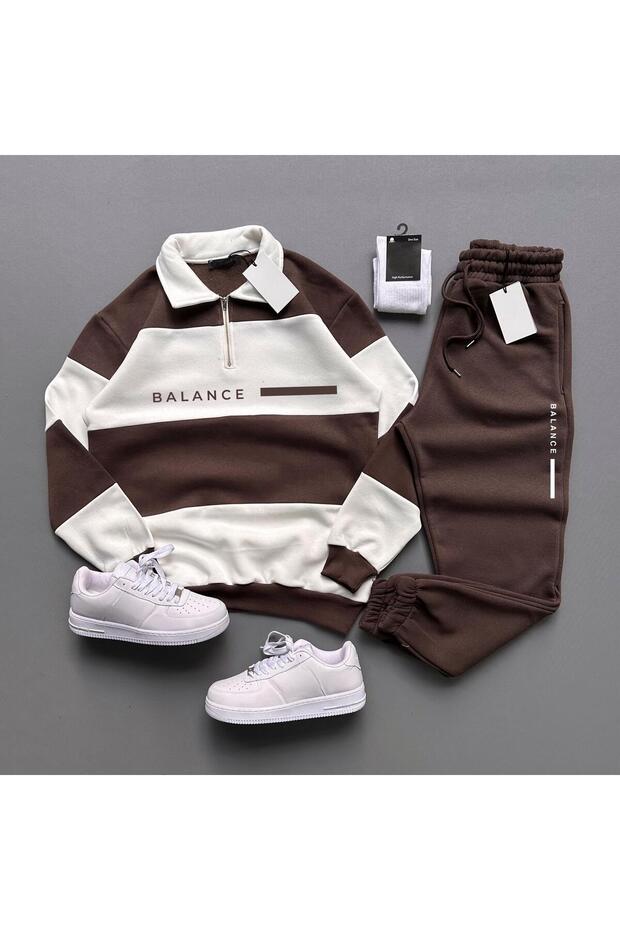Unisex Brown Five Piece Mock Neck Balance Printed Tracksuit Set