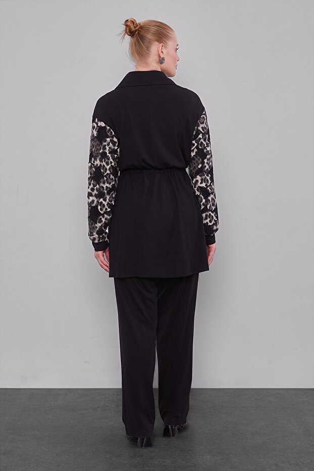 Black Leopard Sleeve Patterned Double Suit - 6