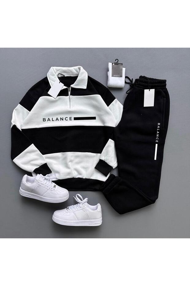 Unisex Black Five Piece Mock Neck Balance Printed Tracksuit Set