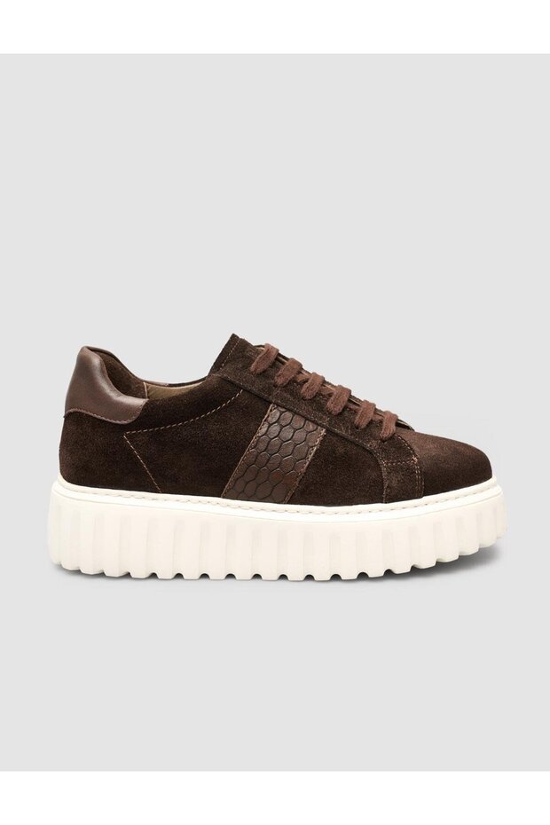 Suede Lace-Up Crocodile Brown Women's Sneaker Shoes