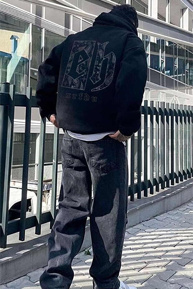 Men's Black Eh Back Printed Oversize Hooded Sweatshirt