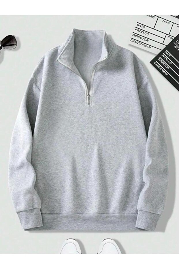 Unisex Gray Mock Neck Half Zipper Oversized Sweatshirt