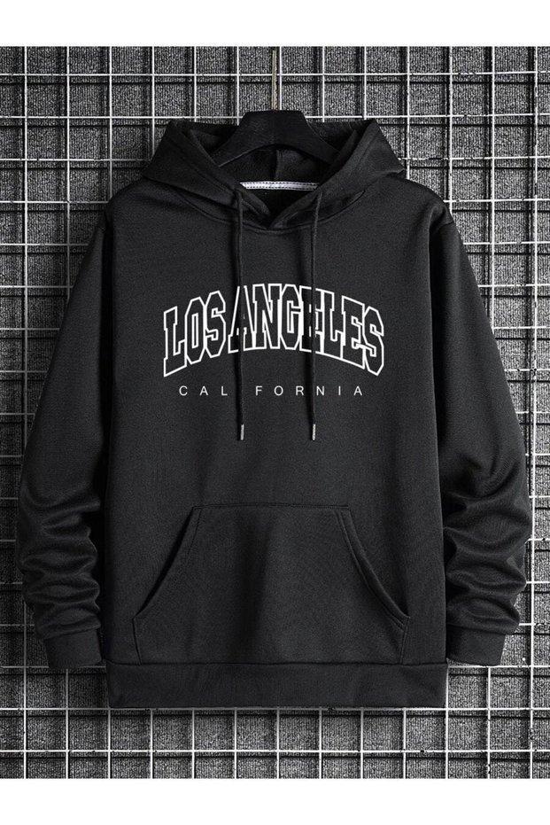 Unisex Black Los Angeles Printed Oversize Hooded Sweatshirt