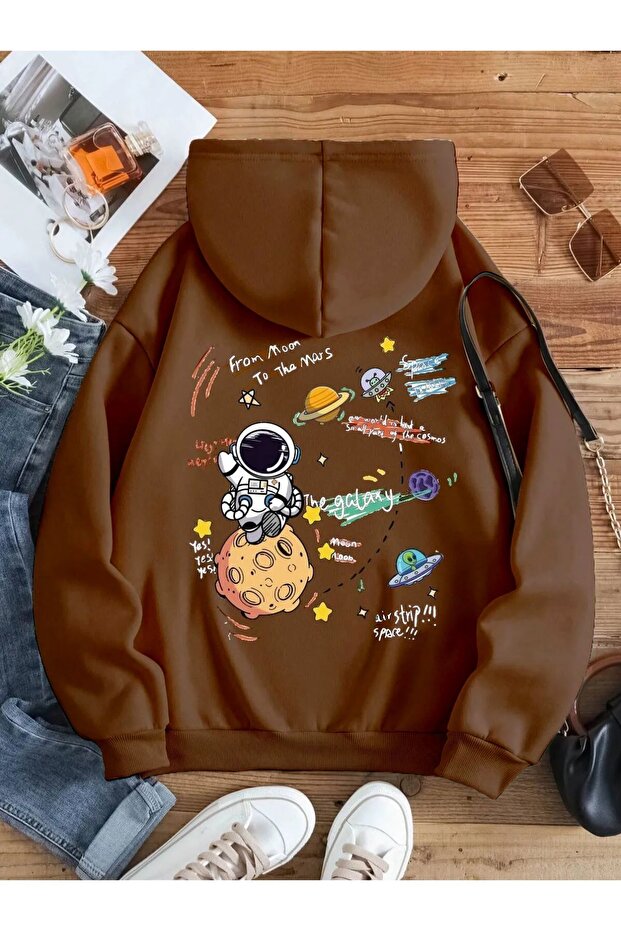 Women's Brown Galaxy Back Printed Oversize Sweatshirt