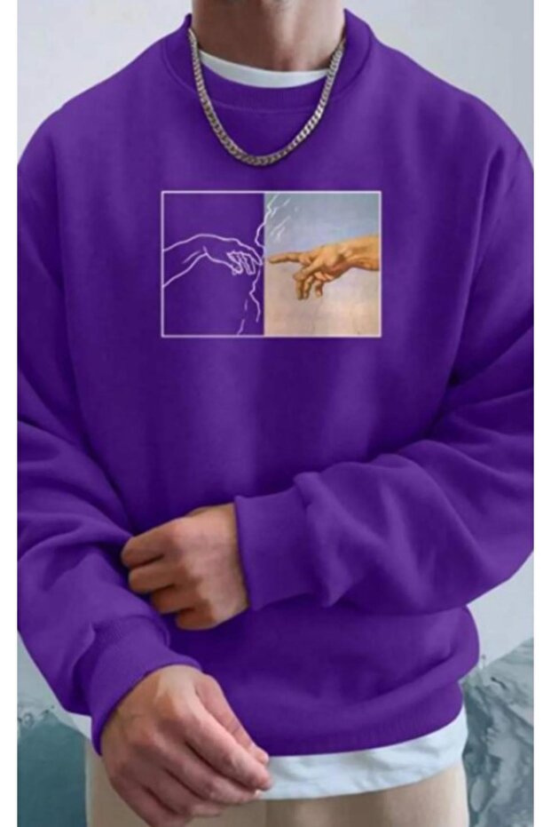 سويت شيرت رجالي أرجواني مطبوع يدويًا برقبة دائرية