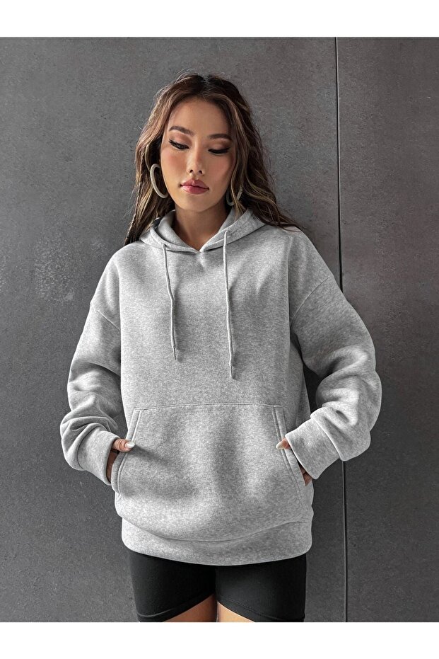 Unisex Gray Good Things Back Printed Oversize Hooded Sweatshirt