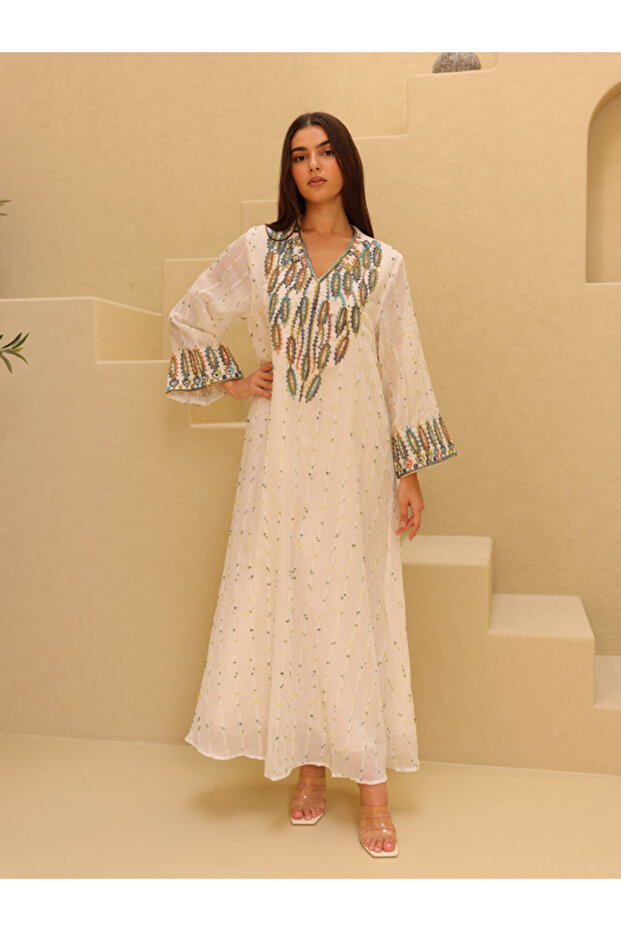 Printed Colorful Embroidery Jalabiya