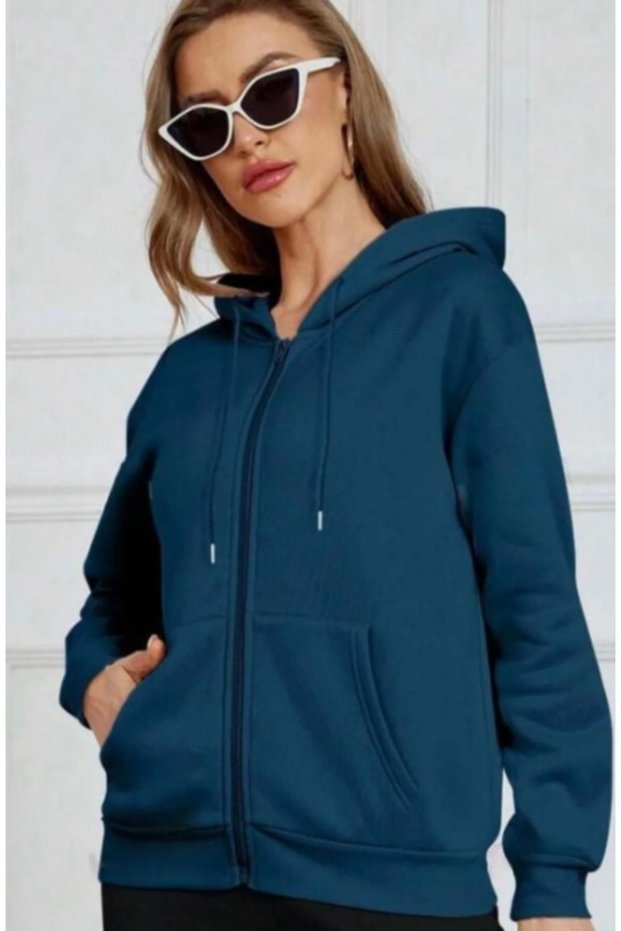 Women's Petrol Blue Zippered Hooded Cardigan
