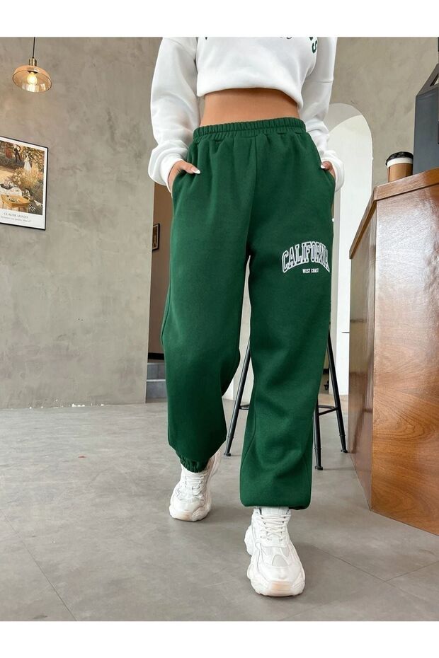 Women's Green California Printed Oversize Tracksuit with Elastic Legs