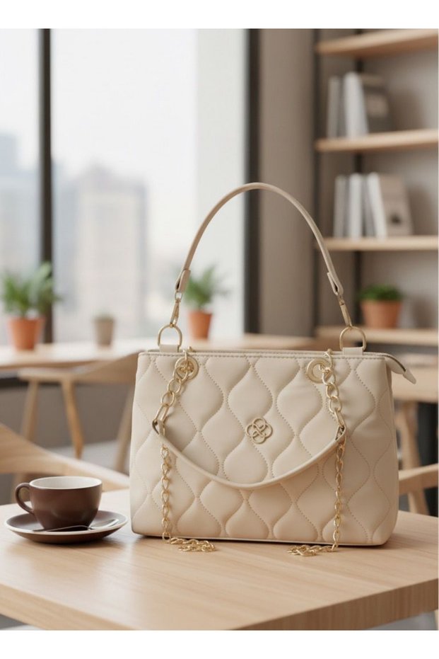 Women's Cream Quilted Leather Shoulder Bag – Clutch Bag, Handbag, Chain Detail