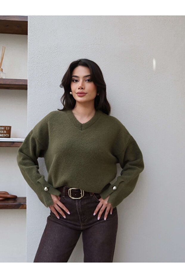 V-Neck Button Sleeve Soft Sweater
