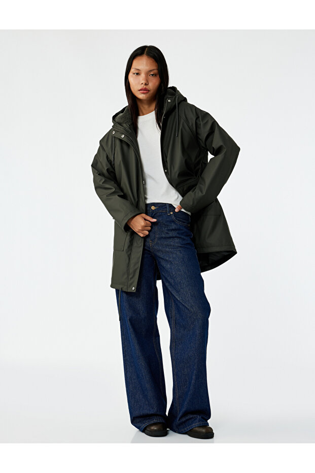 Leather-Look Waterproof K Hooded Coat with Faux Fur Inside and Zippered Pockets