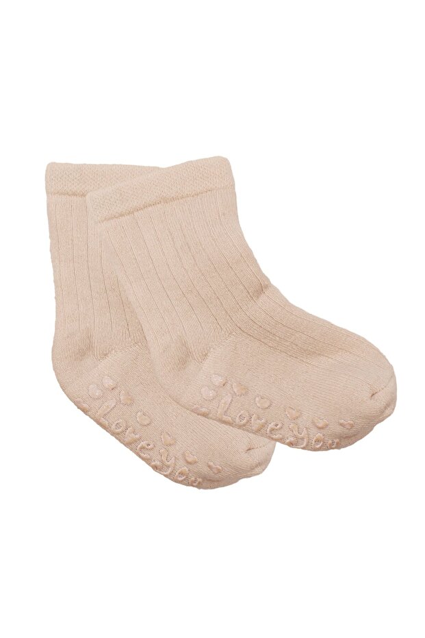 Unisex Beige Love Non-Slip Sole Fleece Socks