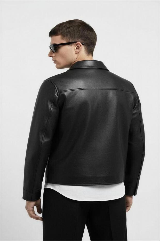 Men's Basic Comfortable Fit Leather Coat with Fur Inside - 5