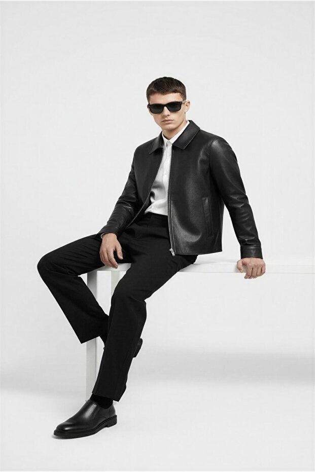 Men's Basic Comfortable Fit Leather Coat with Fur Inside - 4
