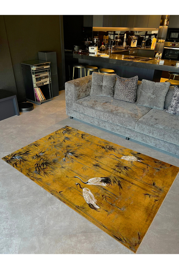Semih Collection Yellow Themed Reed Storks Patterned Woven Base Modern Decorative Carpet 49