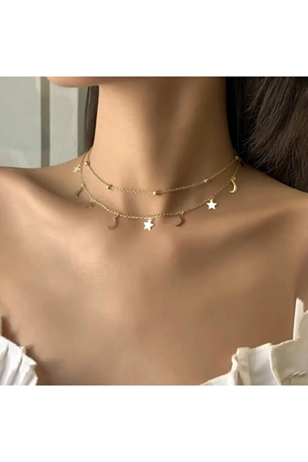 Star Moon Charm Topcuklu 316 L Necklace Does Not Tarnish and Does Not Cause Allergies