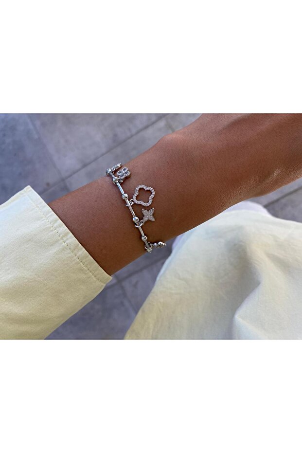Adjustable Open Silver Bracelet with Clover and Flower Figured Zircon Stones