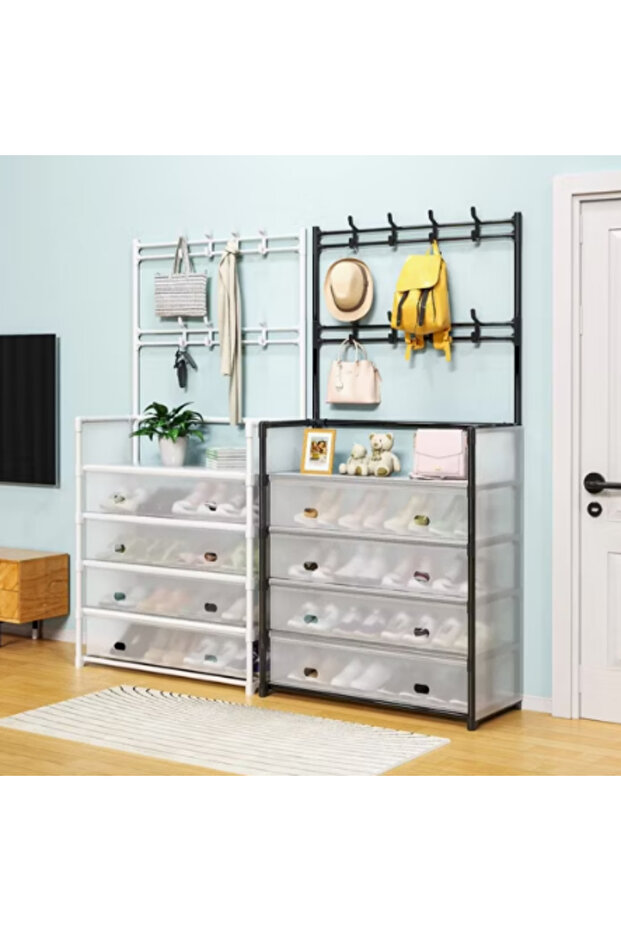 Multifunctional 5-Layer Dustproof Shoe & Hat Rack with Multiple Hooks - 2