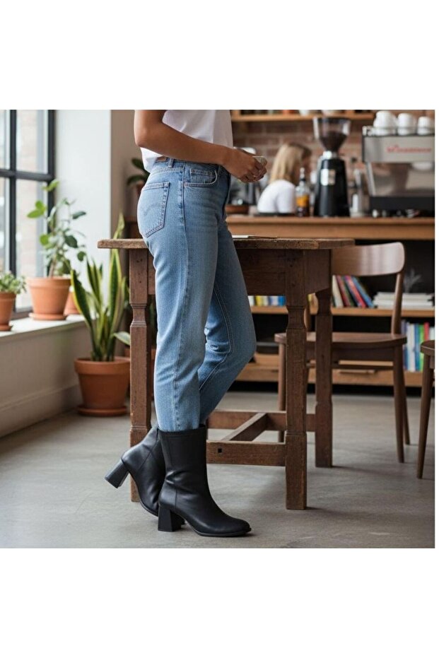 Black Leather Thick Heeled Women's Boots with Back Zipper