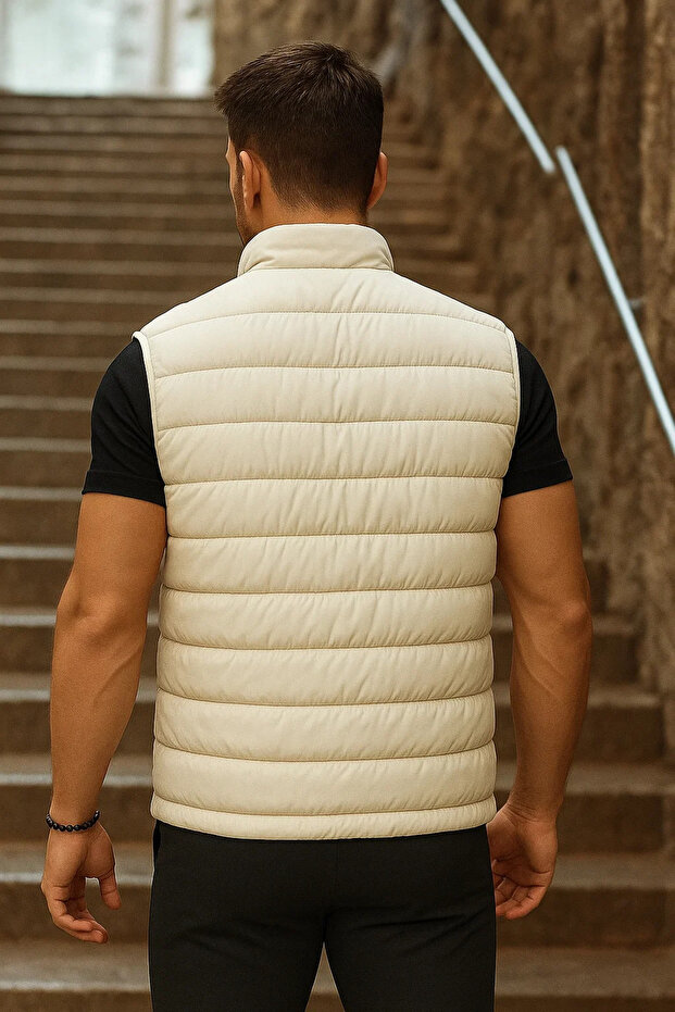 Erkek Cepli Kışlık Fermuarlı Basic Krem Şişme Yelek - 6