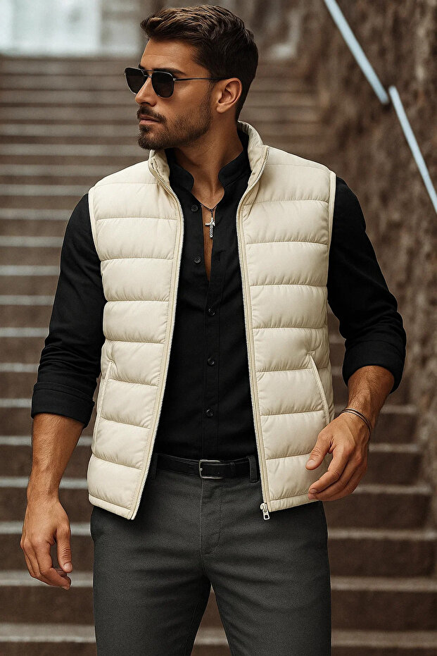 Erkek Cepli Kışlık Fermuarlı Basic Krem Şişme Yelek - 2