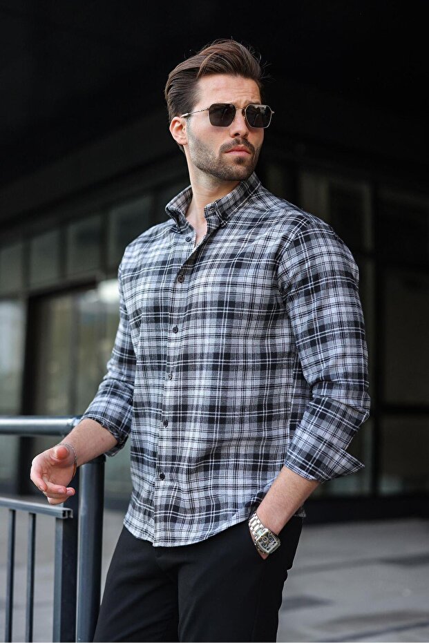Black Buttoned Plaid Patterned Men's Shirt E6768 - 1