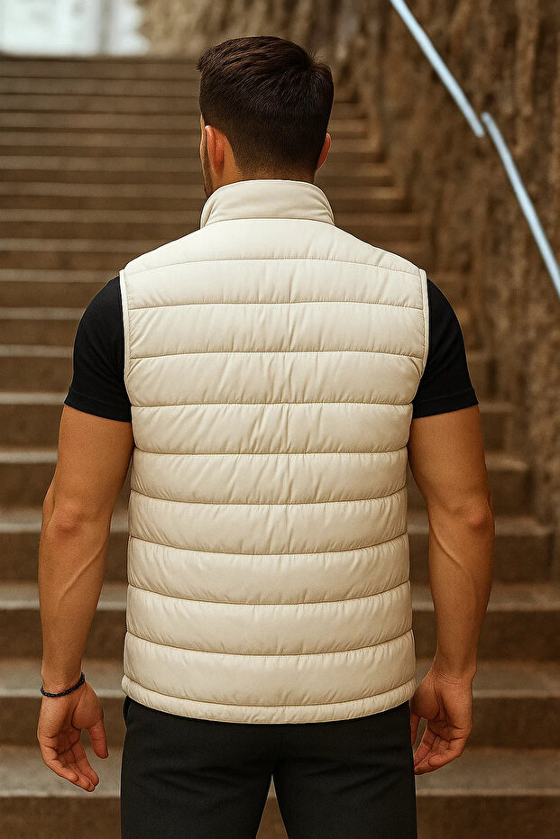 Erkek Cepli Kışlık Fermuarlı Basic Krem Şişme Yelek - 5