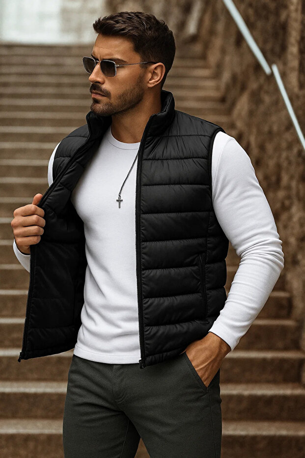 Erkek Cepli Kışlık Fermuarlı Basic Siyah Şişme Yelek - 1