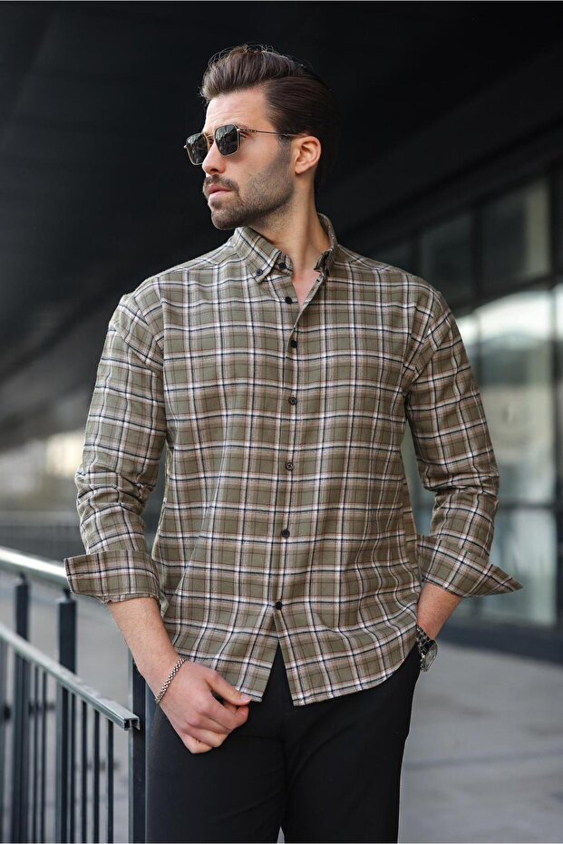 Khaki Buttoned Plaid Patterned Men's Shirt E6768 - 1