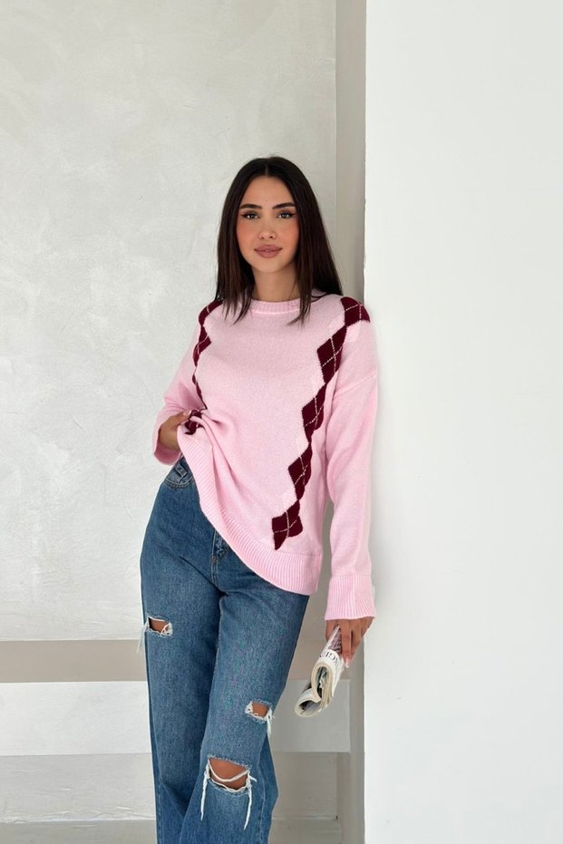 Crew Neck Diamond Pattern Knit Sweater Aw25Kz0079