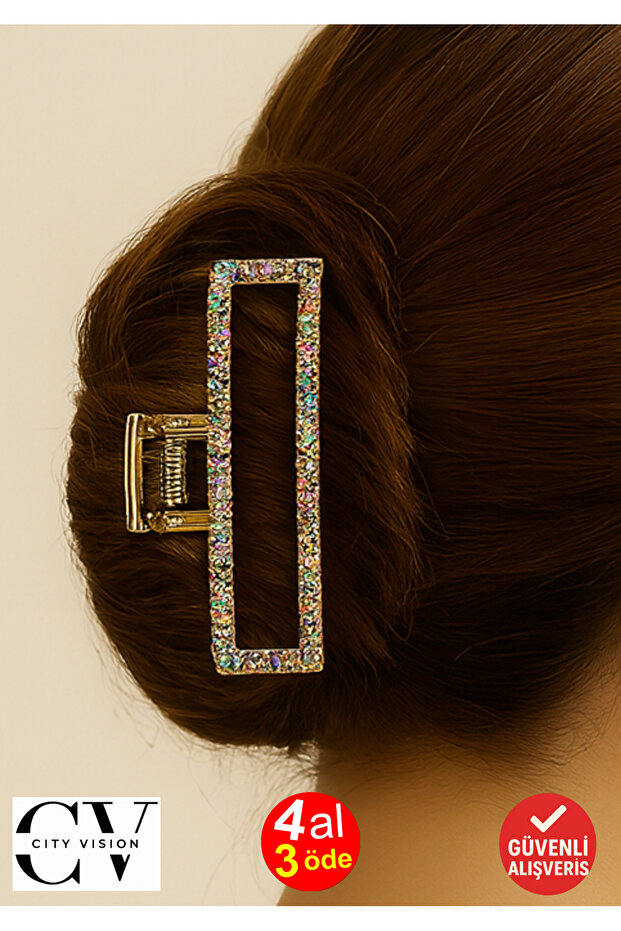 7 cm Colorful Stone Rectangular Gold Hair Clip – Sparkling and Modern Metal Barrette