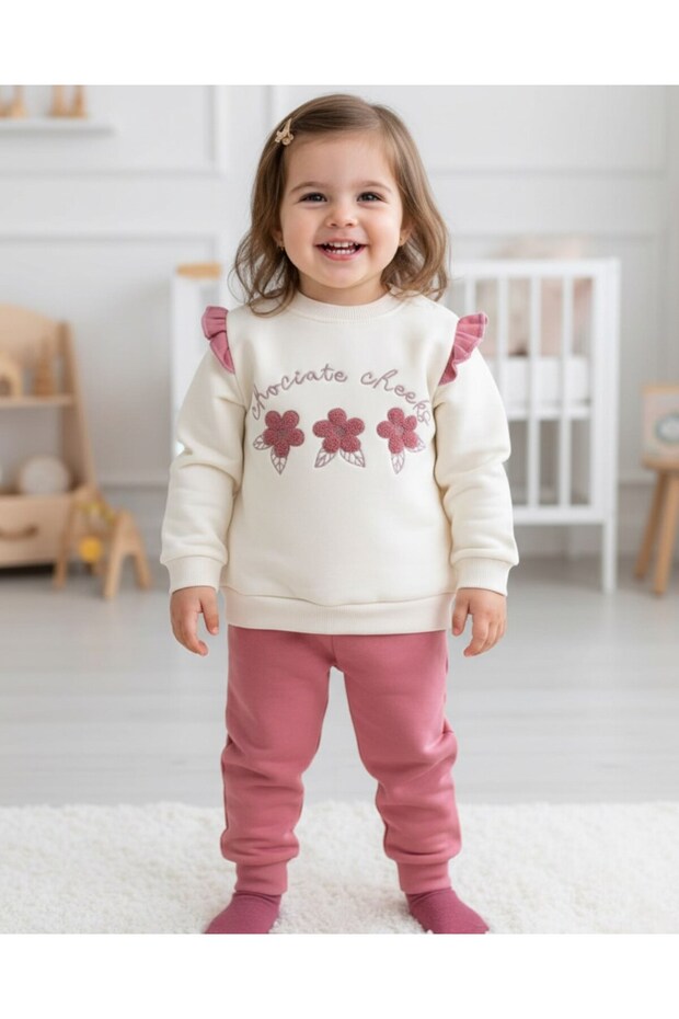 Baby Girl Daisy Embroidered, Ruffled, 3 Thread Fleece-Lined Winter 6-9-12-18-24 Months Stylish Tracksuit Set