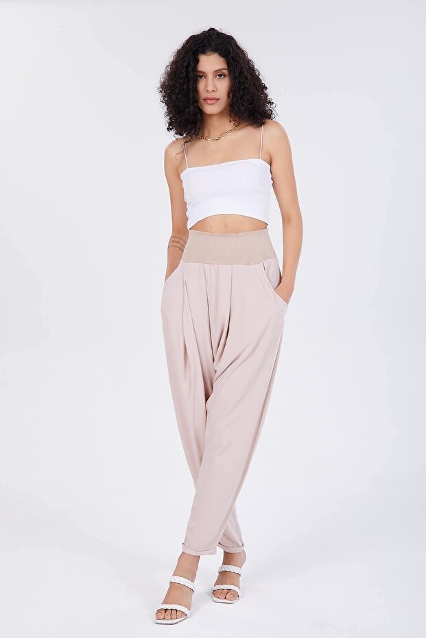 Women's Beige Elastic Waist Trouser Pants