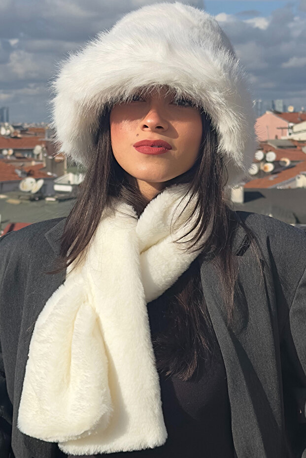 Women's White Plush Fur Bucket Hat Neck Collar Set | 2-Piece Trend Set