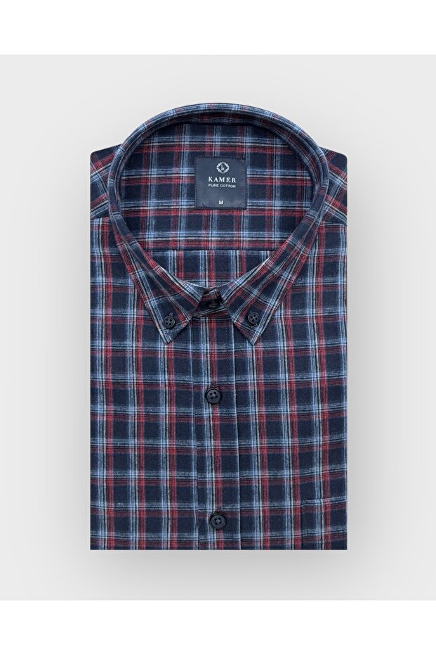 Regular Fit Winter 100% Cotton Long Sleeve Button-Up Collar Plaid Navy Blue Shirt 3866L