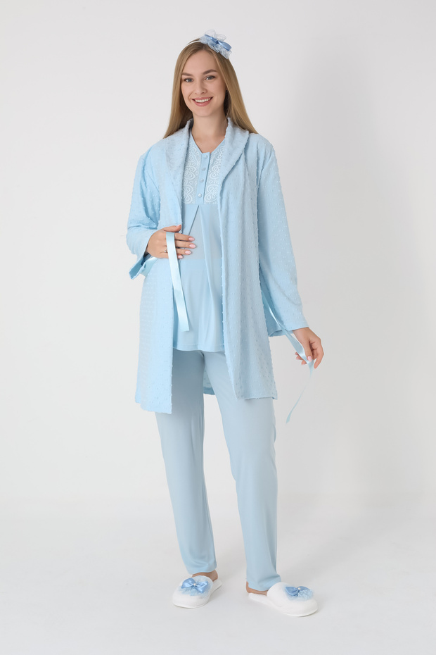 Pregnant Women's 3-Piece Pajama & Robe Set – Jacquard Fabric with Bow Pattern, Breastfeeding, Viscose-Cotton