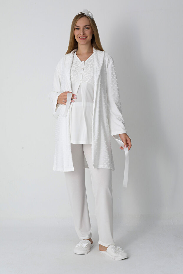 Pregnant Women's 3-Piece Pajama & Robe Set – Jacquard Fabric with Bow Pattern, Breastfeeding, Viscose-Cotton