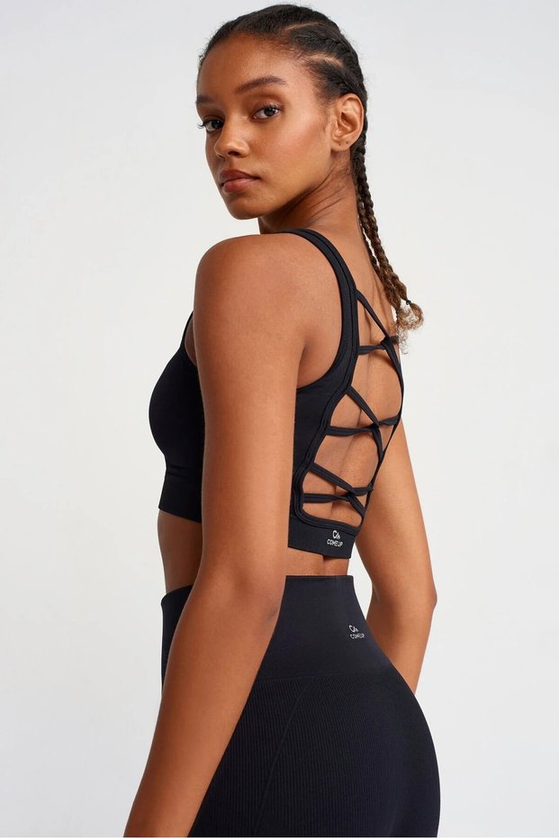 Herringbone Patterned Crossed String Sports Bra Black
