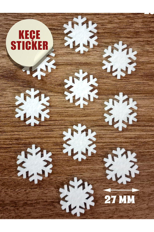Kabajur Yapışkanlı Keçe Kar Tanesi Sticker Seti Yılbaşı Süsü – 10 Adet, 27 mm