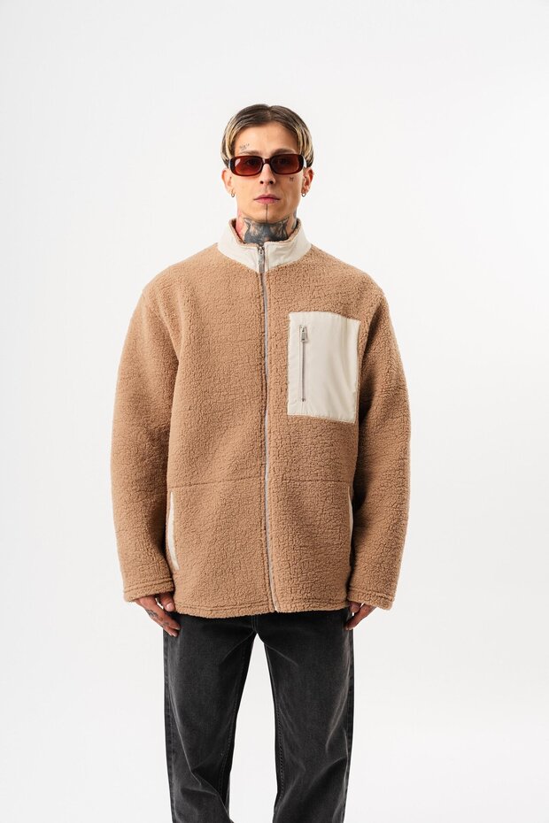 سترة تيدي للرجال بسحاب قصة فضفاضة باللون البني - 1