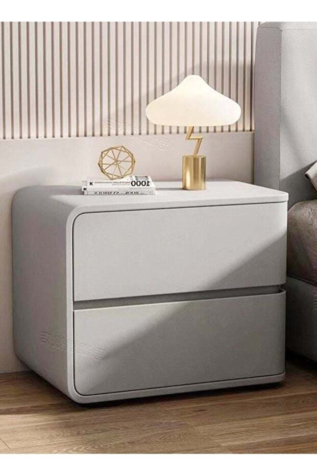 Modern High Gloss Nightstand Left Side Bedside Table, 2-Drawer Solid Wood, 45x40x45 cm