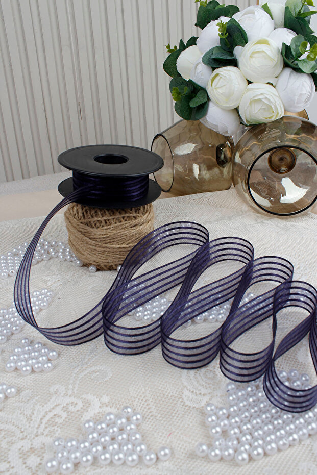 Navy Blue Hilton Striped Chiffon Ribbon 2.5 cm 20 Meters - Bohça, Wedding, Engagement, Dowry, Gift, Decoration, Party