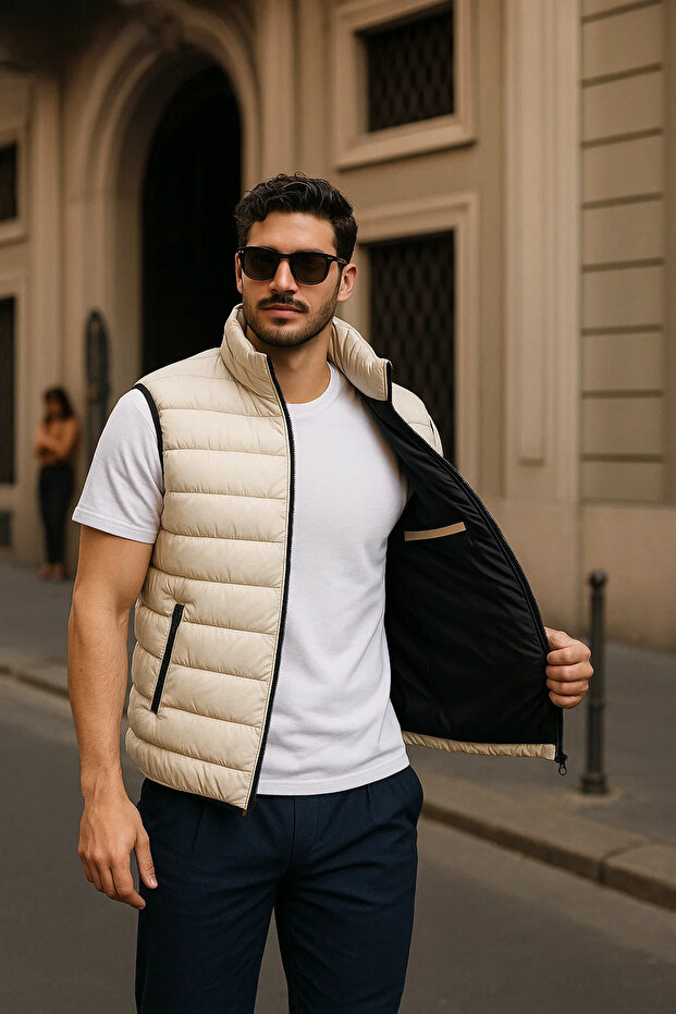 Erkek Kışlık Premium Basic Astarlı Krem Şişme Yelek - 1